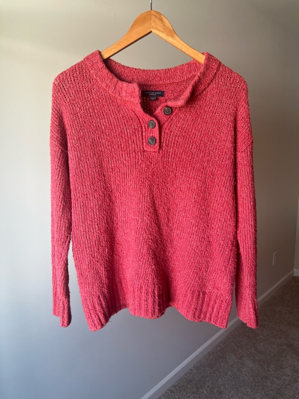 Cozy Henley Knit Sweater - Reddish Pink